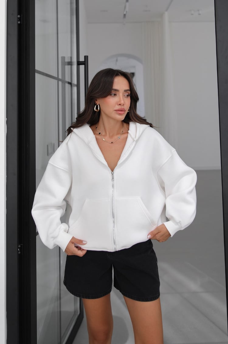 Ekru Fermuarlı Kapüşonlu Sweatshirt