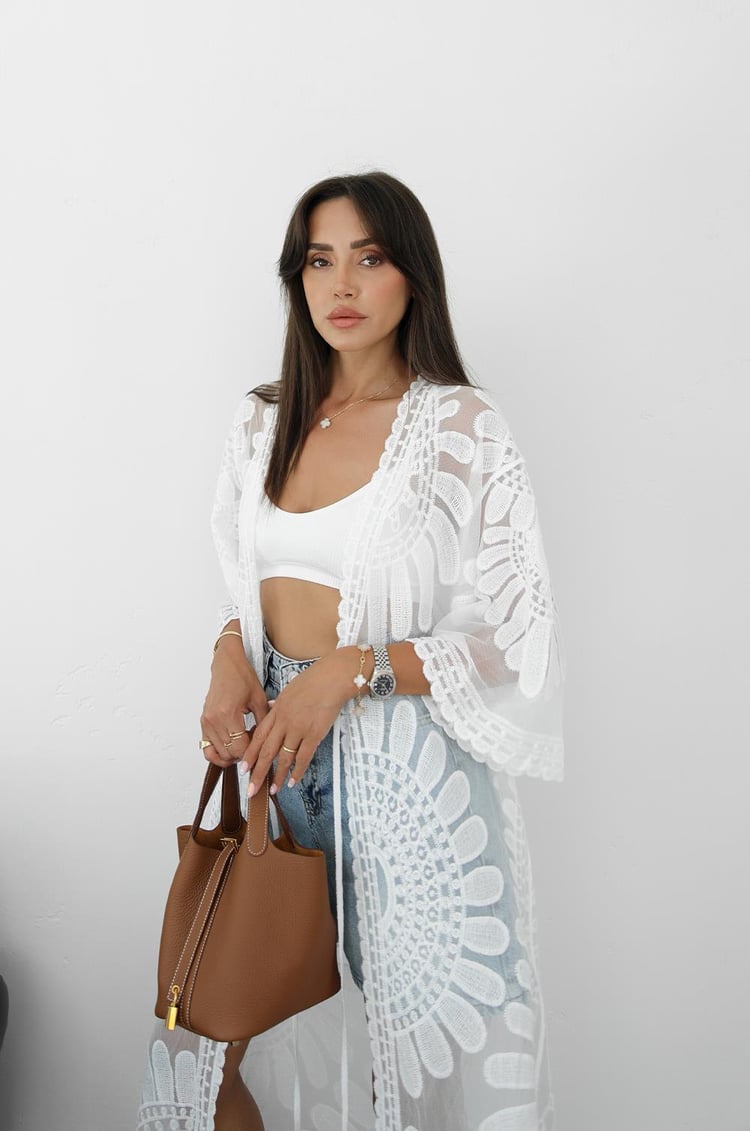 Ekru Fisto İşlemeli Kimono