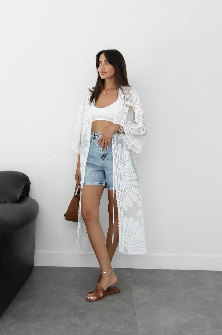Ekru Fisto İşlemeli Kimono