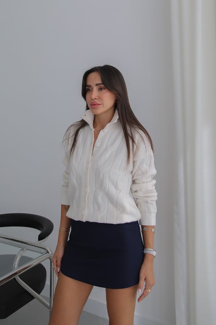 Ekru Fitilli Saç Örgü Hırka