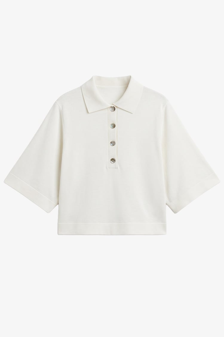 Ekru Geniş Kollu Polo Yaka Triko