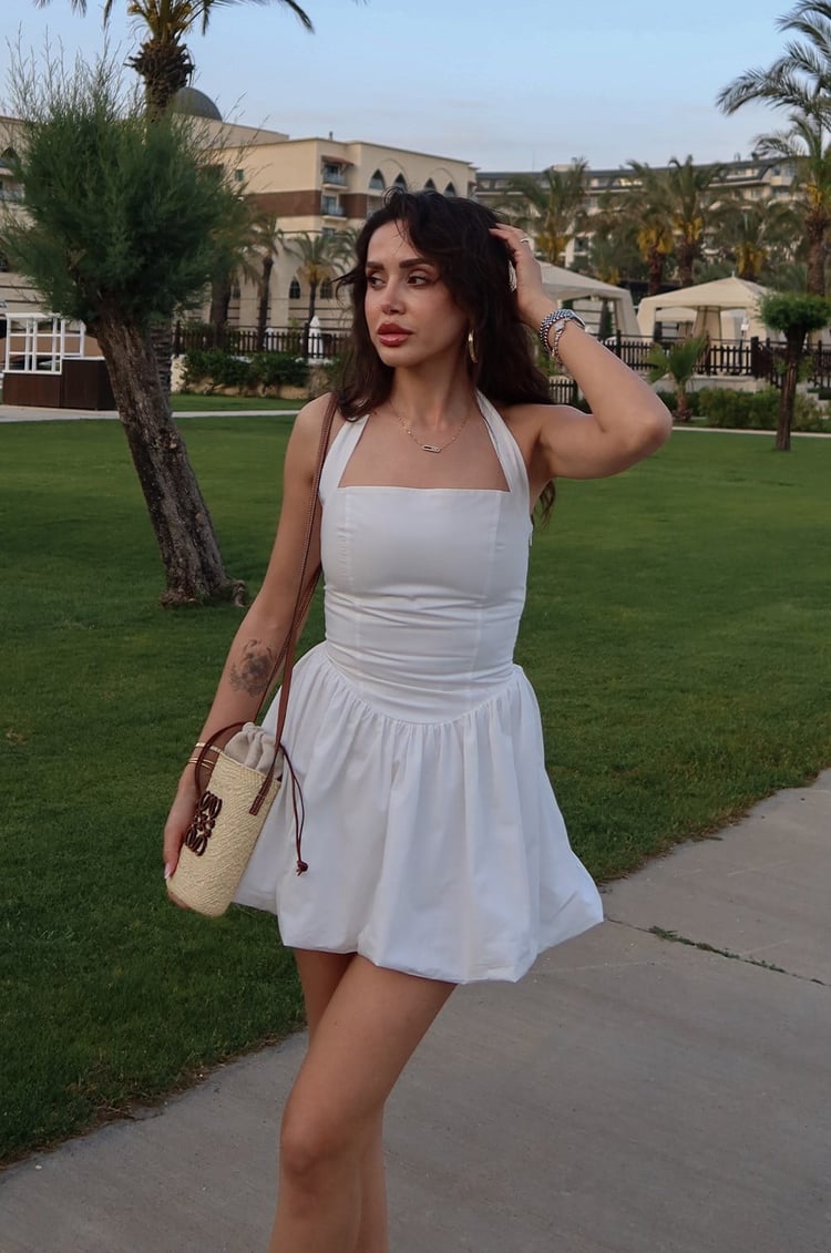 Ekru Gilda Korse Efektli Mini Elbise