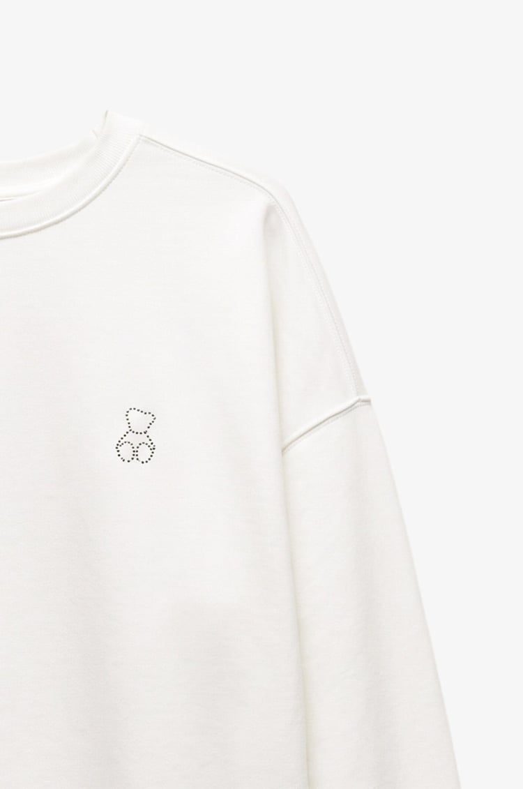 Ekru Göğüsü Mini Taşlı Sweatshirt