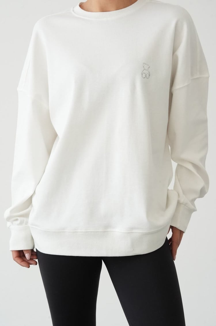 Ekru Göğüsü Mini Taşlı Sweatshirt