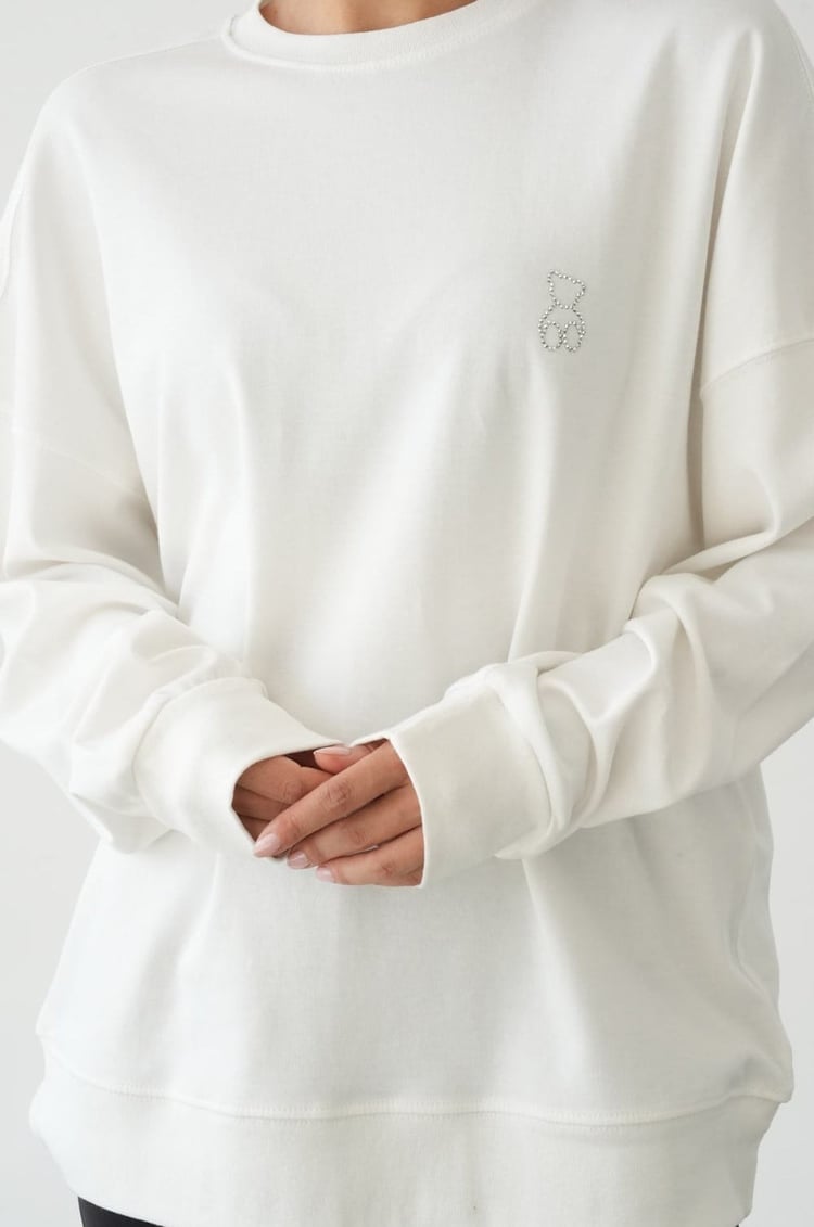 Ekru Göğüsü Mini Taşlı Sweatshirt