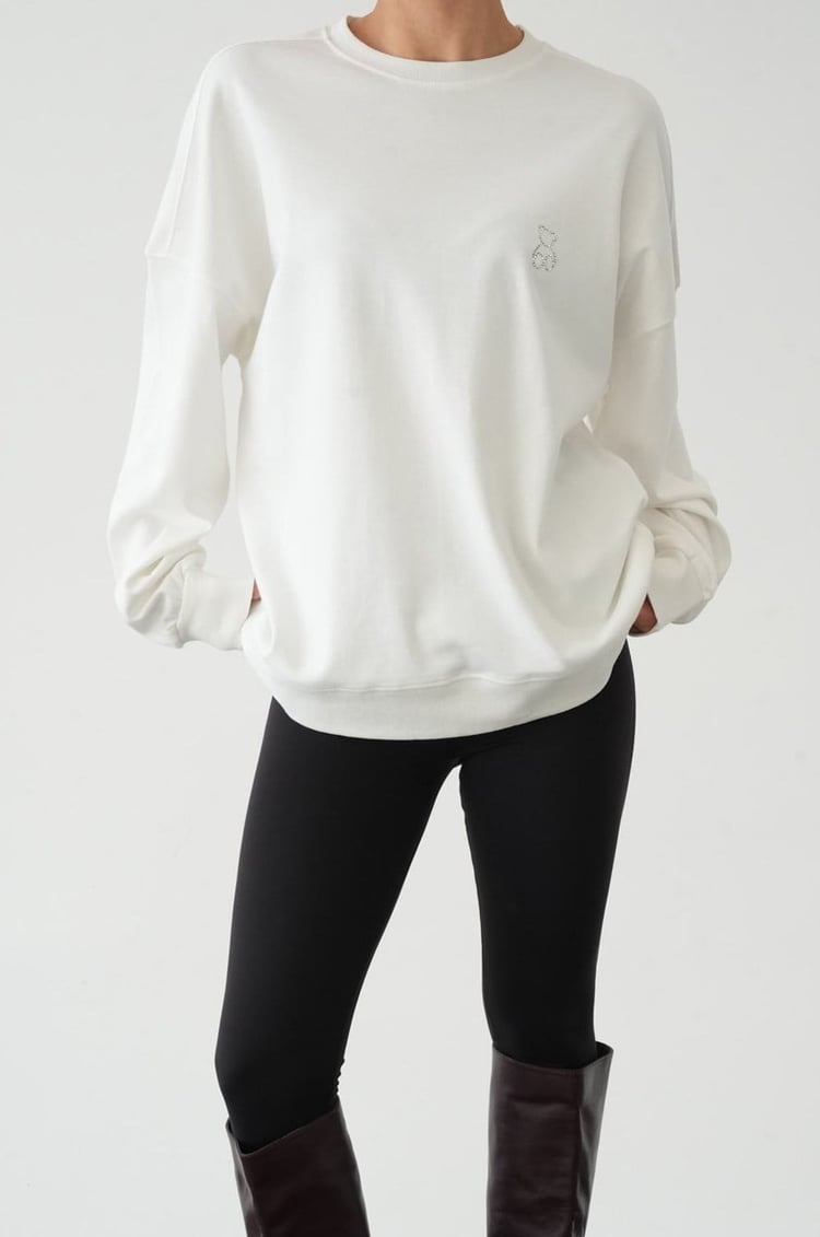 Ekru Göğüsü Mini Taşlı Sweatshirt