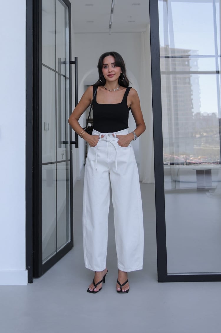 Ekru İp Kemerli Mom Jean