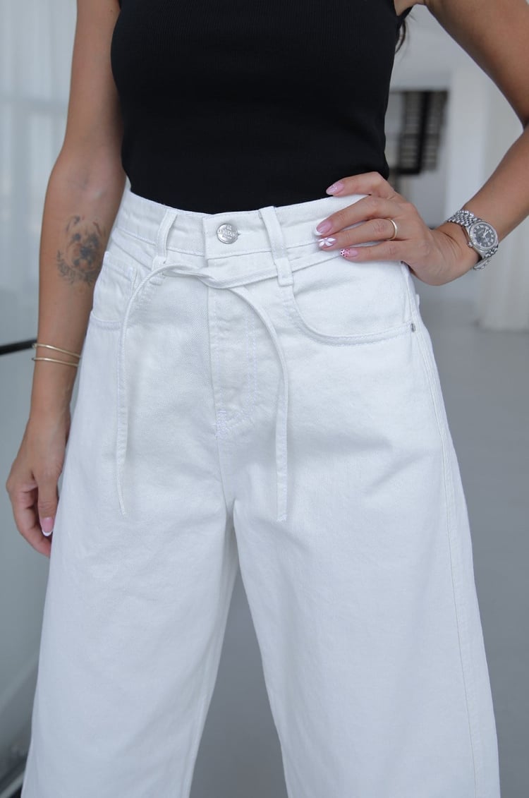 Ekru İp Kemerli Mom Jean