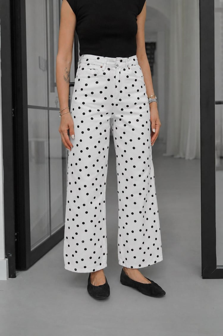 Ekru Kahve Puantiyeli Wide Leg Jean
