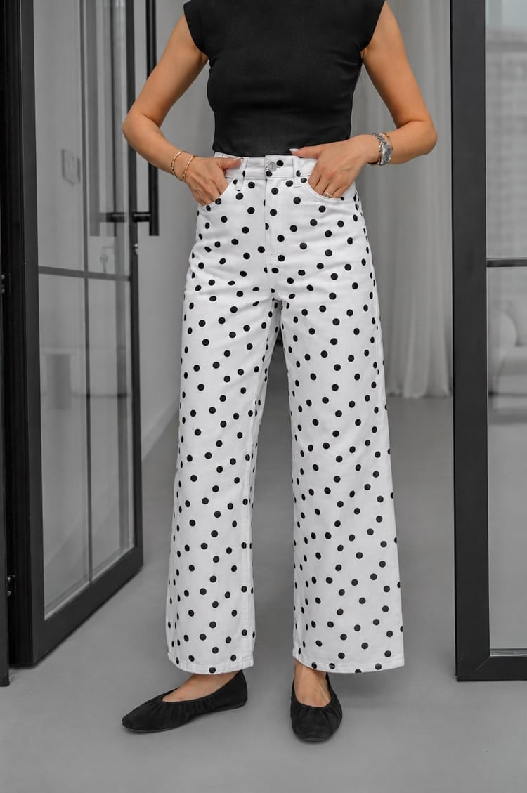 Ekru Kahve Puantiyeli Wide Leg Jean