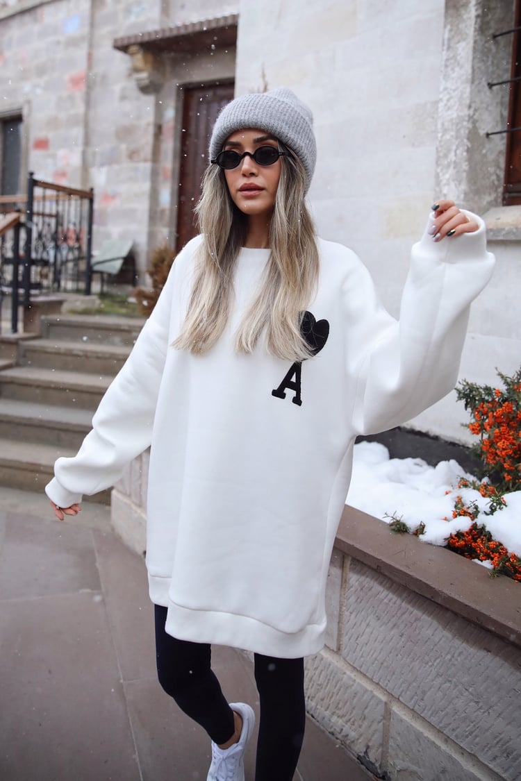 Ekru Kalp A Baskılı Sweatshirt