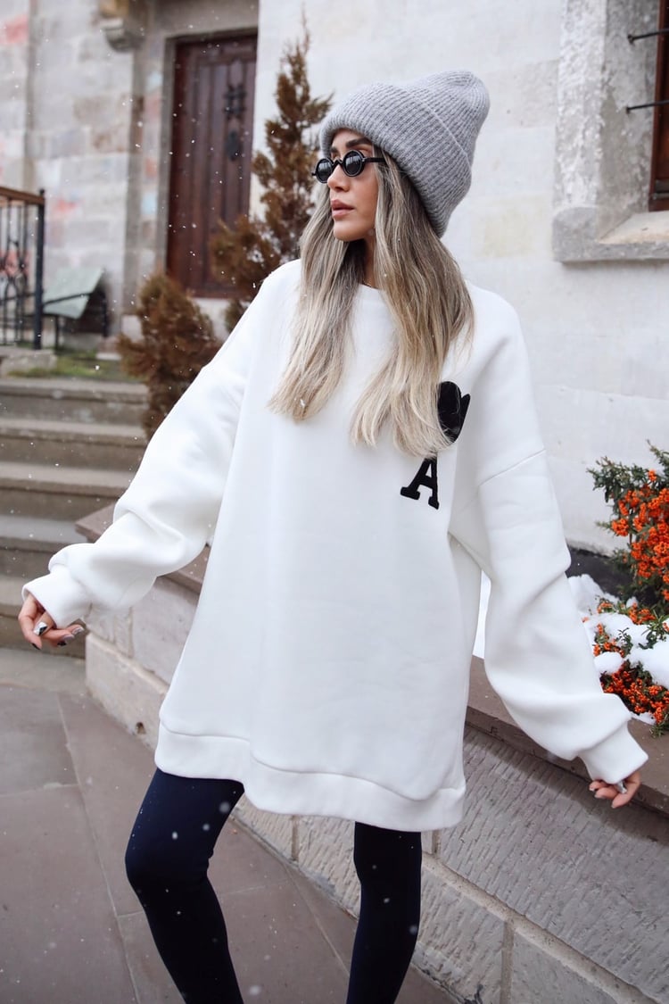 Ekru Kalp A Baskılı Sweatshirt