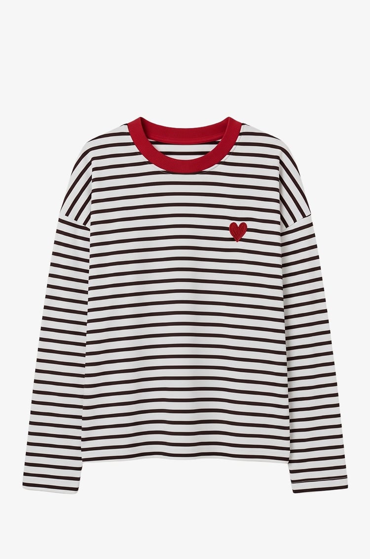 Ekru Kalp İşlemeli Çizgili Sweatshirt