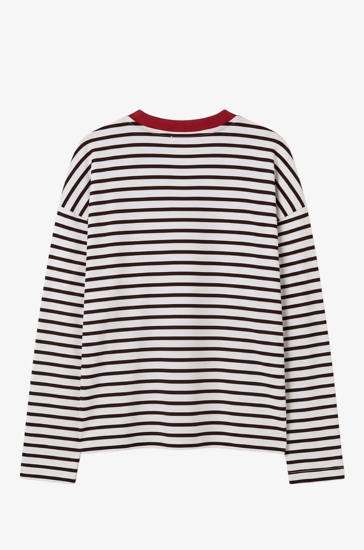 Ekru Kalp İşlemeli Çizgili Sweatshirt