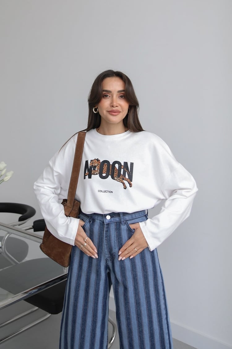 Ekru Kaplan Baskılı Sweatshirt