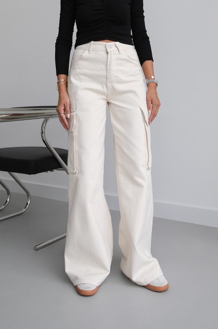Ekru Kargo Cepli Wide Leg Jean