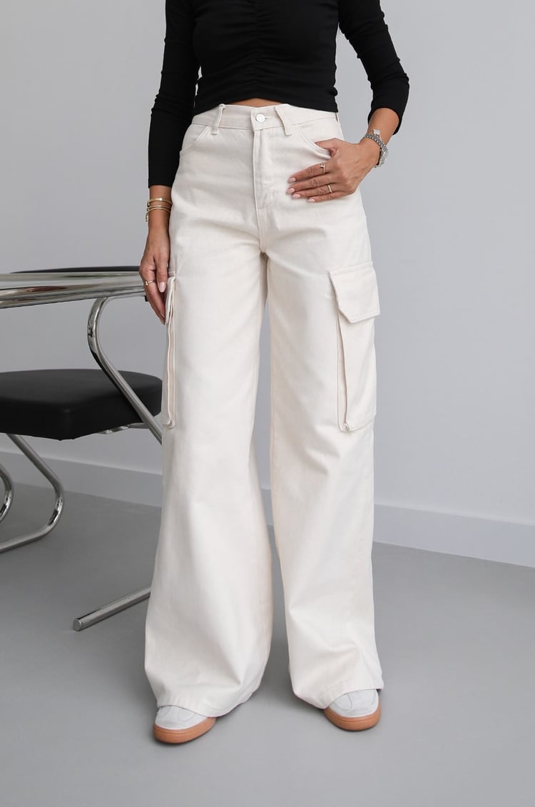 Ekru Kargo Cepli Wide Leg Jean