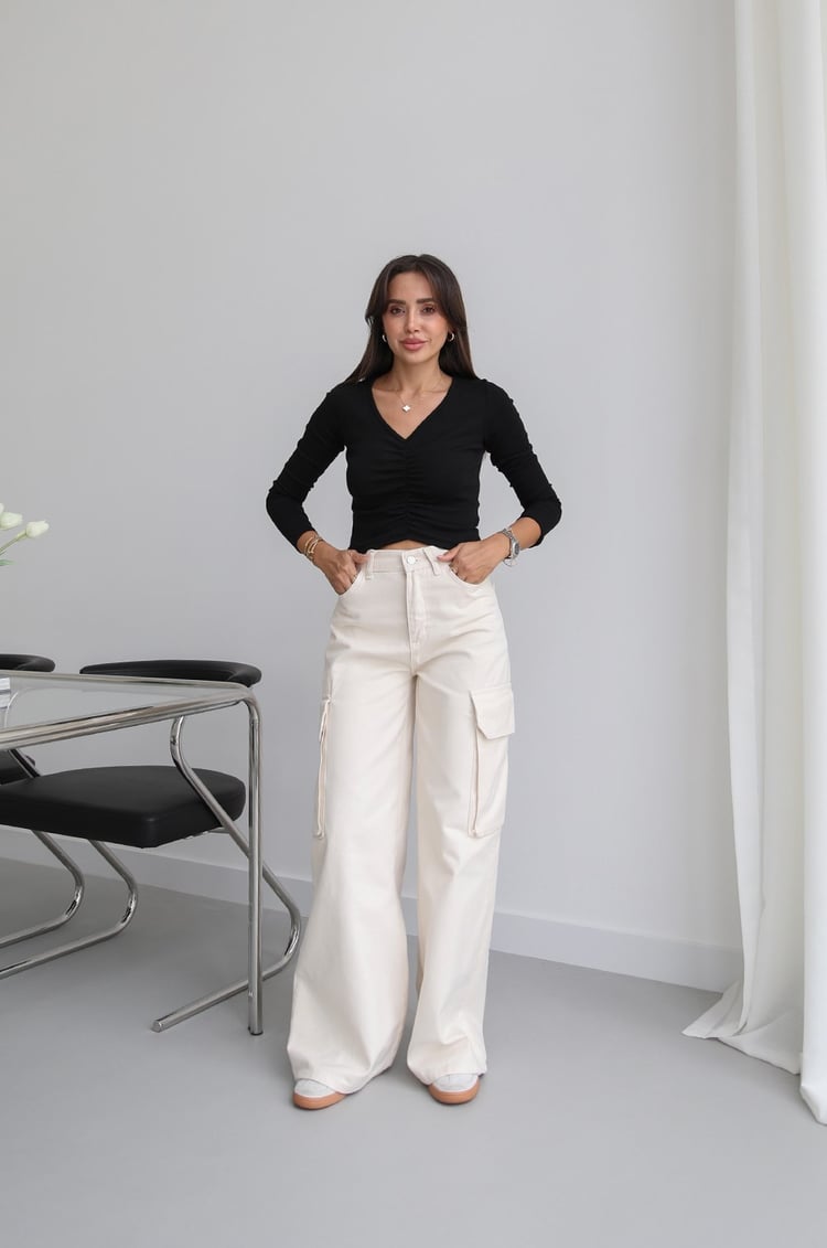 Ekru Kargo Cepli Wide Leg Jean