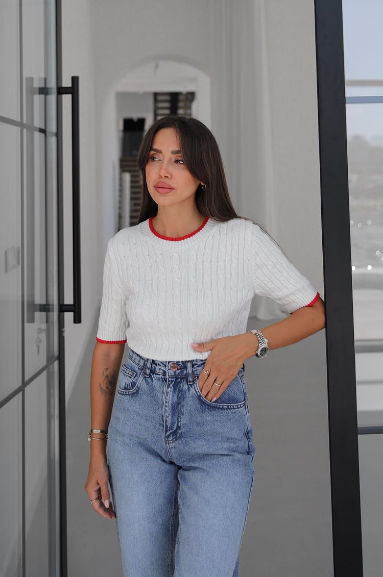 Ekru Kırmızı Kısa Kollu Triko Bluz