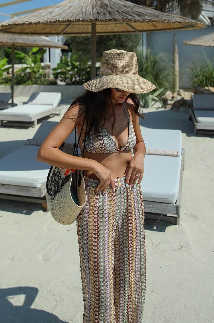 Ekru Kroşe Örgü Büstiyer Pantolon Takım