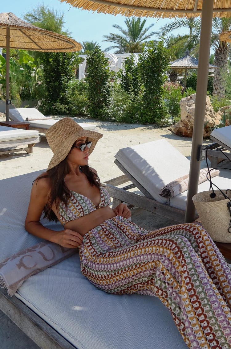 Ekru Kroşe Örgü Büstiyer Pantolon Takım