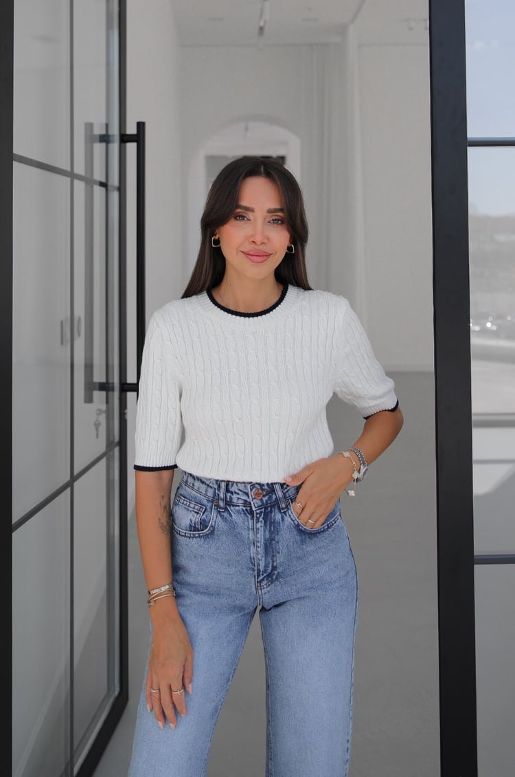 Ekru Lacivert Kısa Kollu Triko Bluz