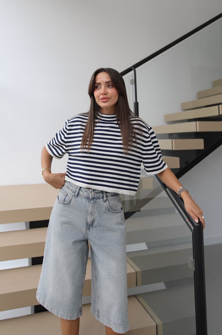 Ekru Lacivert Striped Kısa Kollu Triko