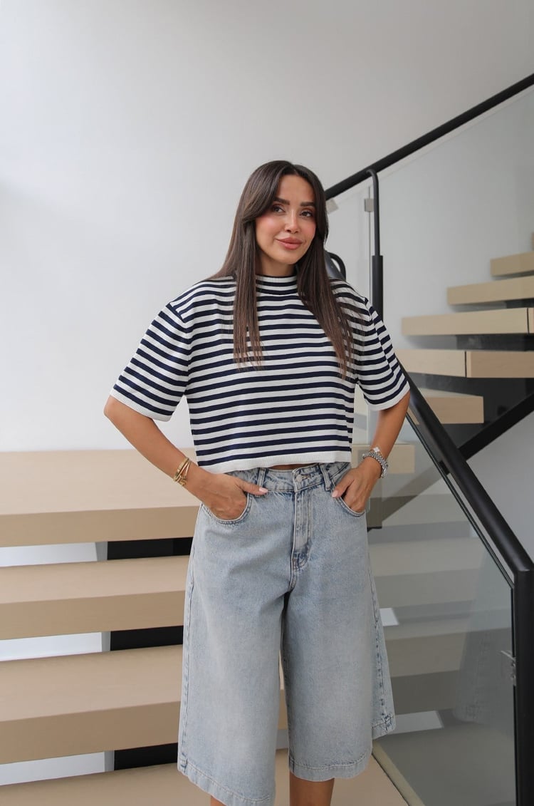 Ekru Lacivert Striped Kısa Kollu Triko