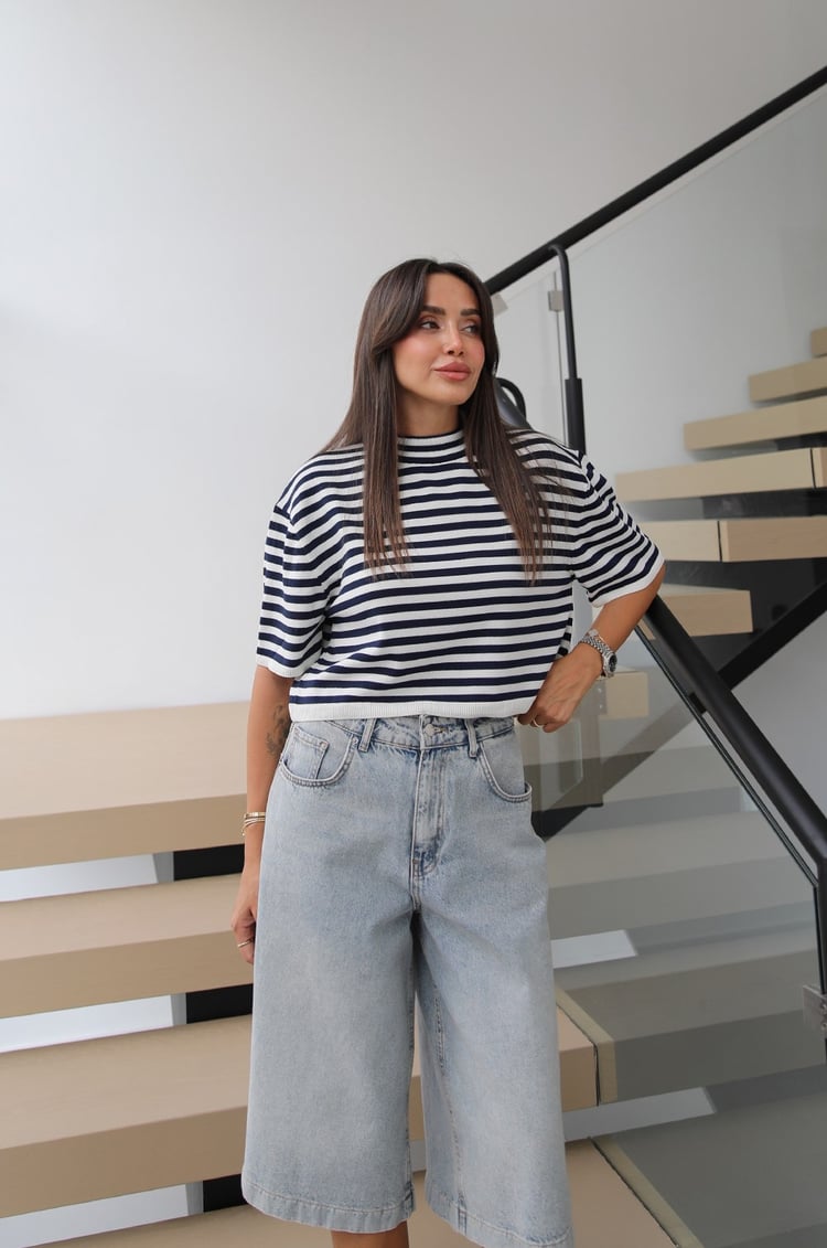 Ekru Lacivert Striped Kısa Kollu Triko