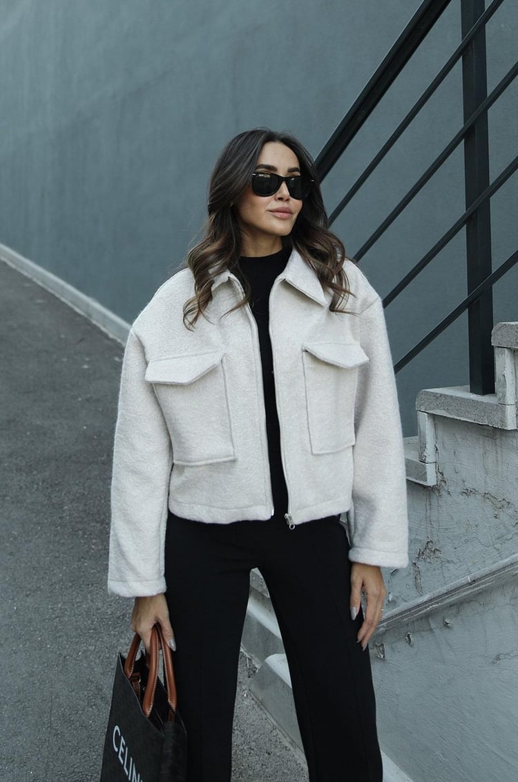 Ekru Lotta Torba Cepli Buklet Ceket