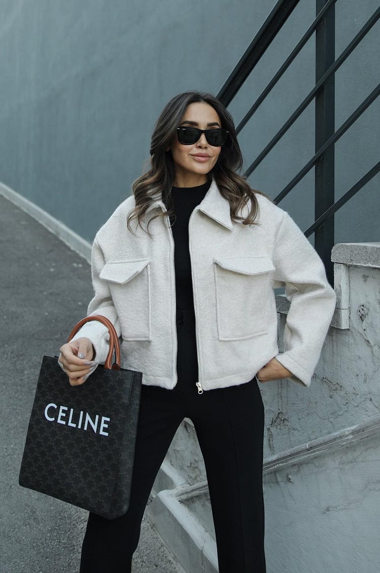 Ekru Lotta Torba Cepli Buklet Ceket