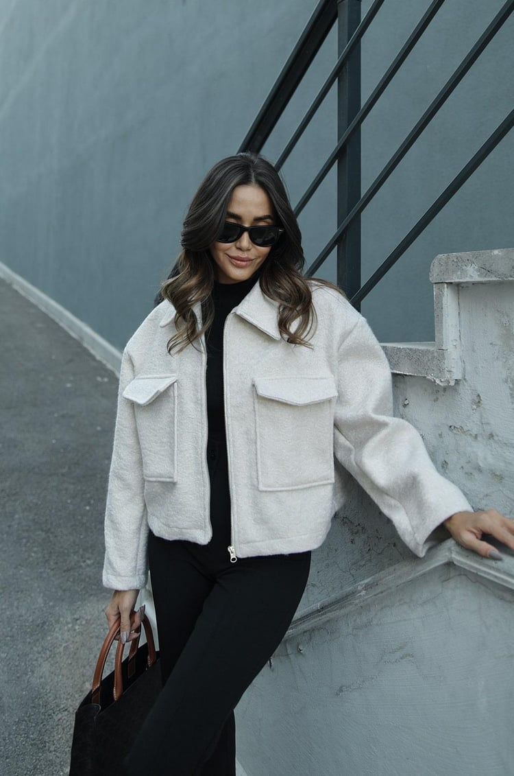 Ekru Lotta Torba Cepli Buklet Ceket