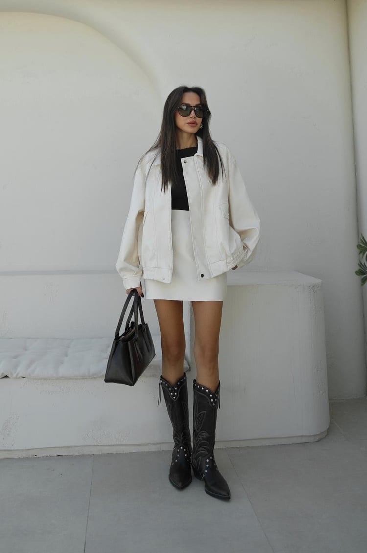 Ekru Metal Düğmeli Deri Ceket