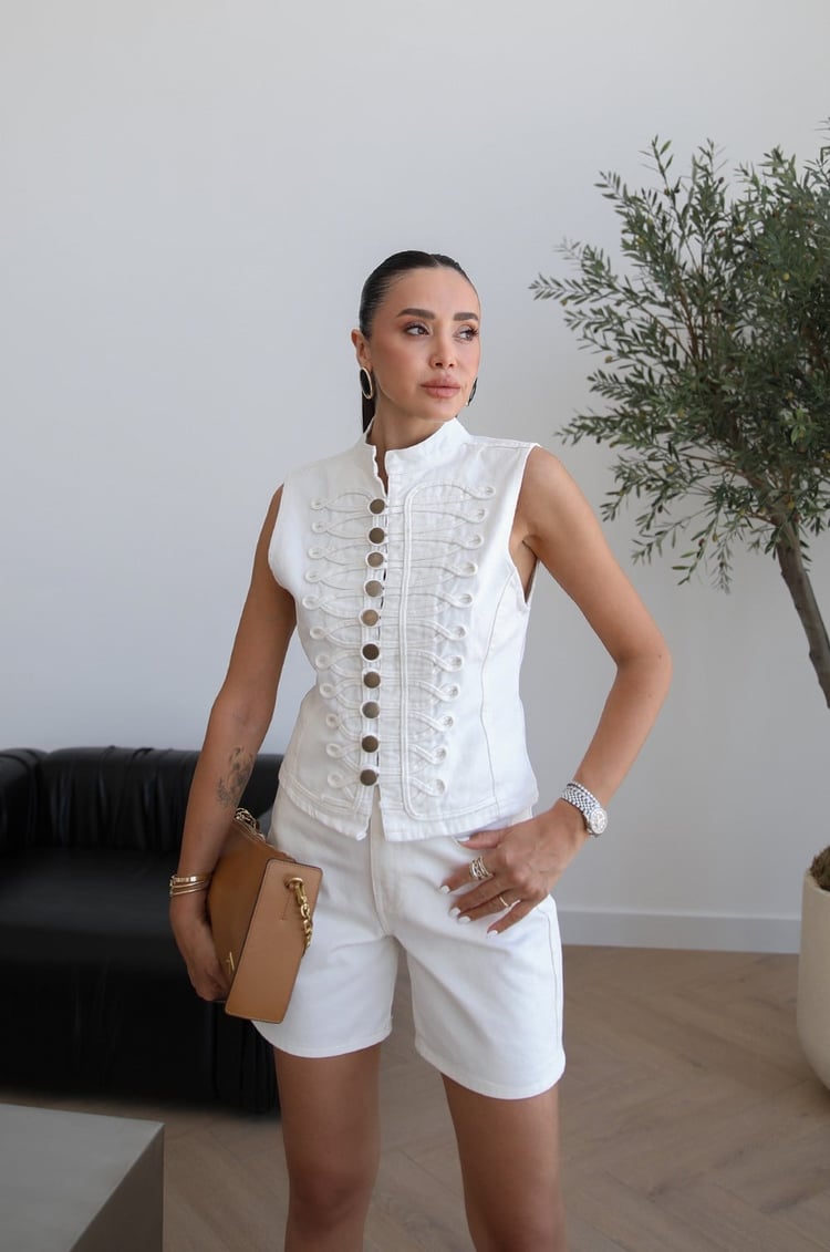 Ekru Milano Yelek Şort Denim Takım 