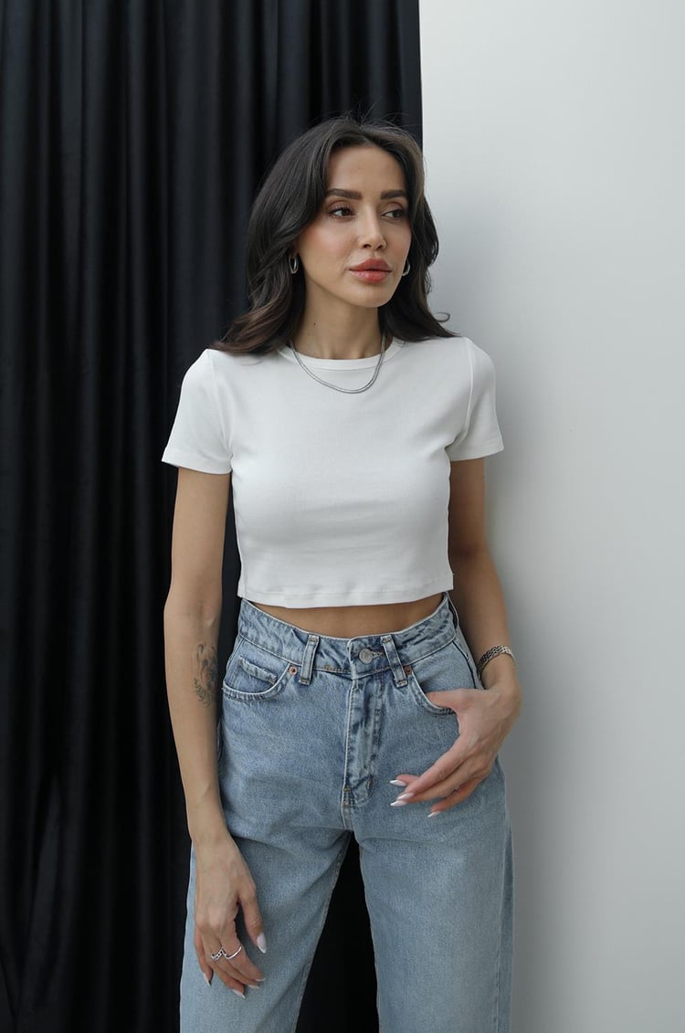 Ekru Modal Crop Tişört