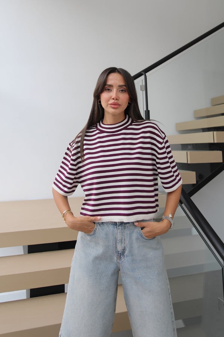 Ekru Mürdüm Striped Kısa Kollu Triko