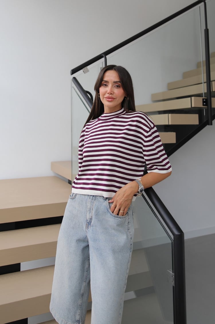Ekru Mürdüm Striped Kısa Kollu Triko