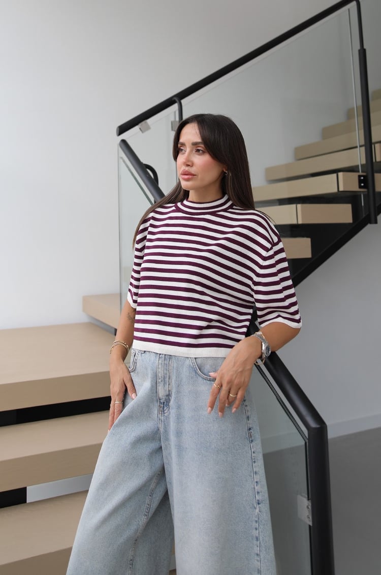 Ekru Mürdüm Striped Kısa Kollu Triko