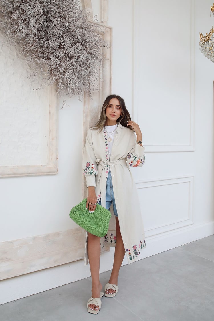 Ekru Nakışlı Keten Kimono Elbise
