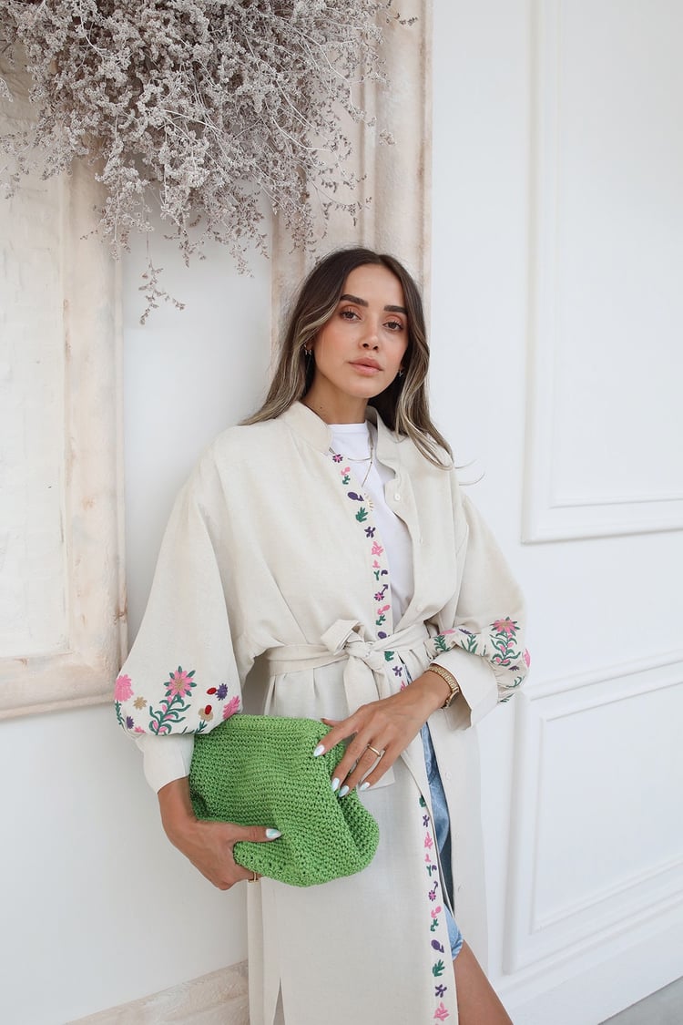 Ekru Nakışlı Keten Kimono Elbise