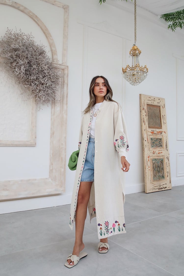 Ekru Nakışlı Keten Kimono Elbise