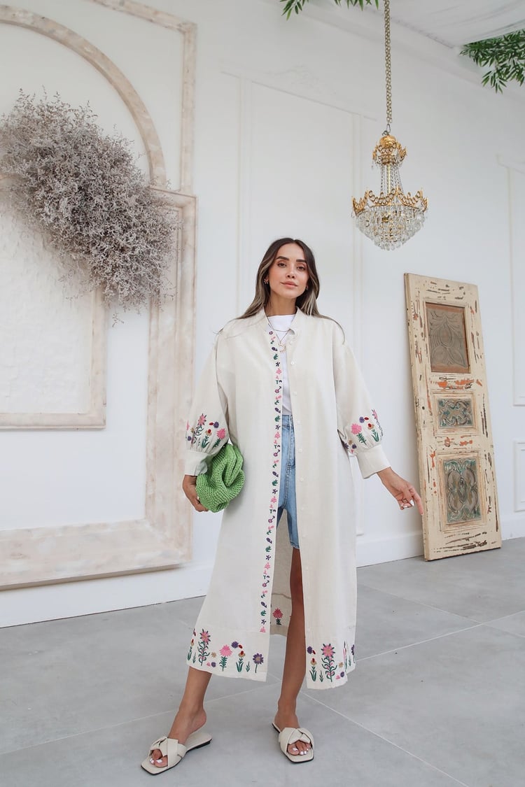 Ekru Nakışlı Keten Kimono Elbise