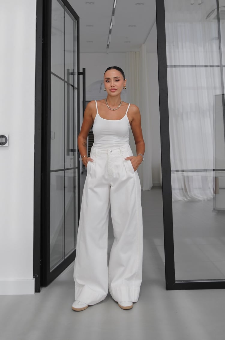 Ekru Önü Tek Pileli Wide Leg Jean