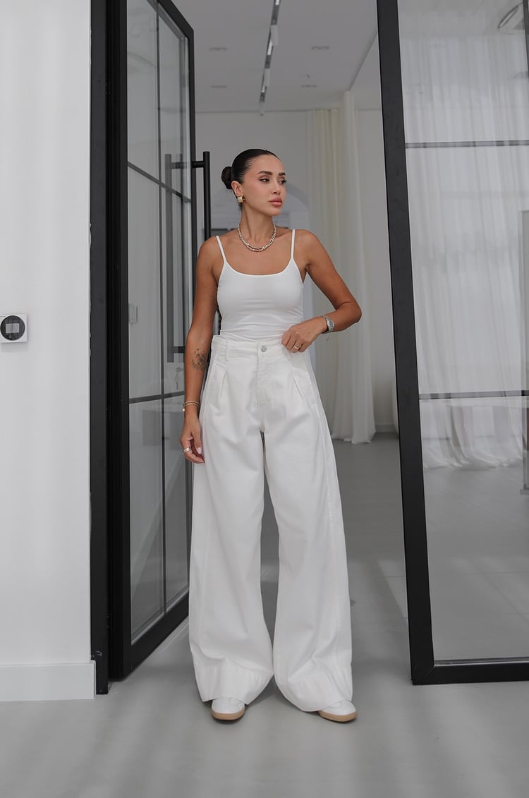 Ekru Önü Tek Pileli Wide Leg Jean