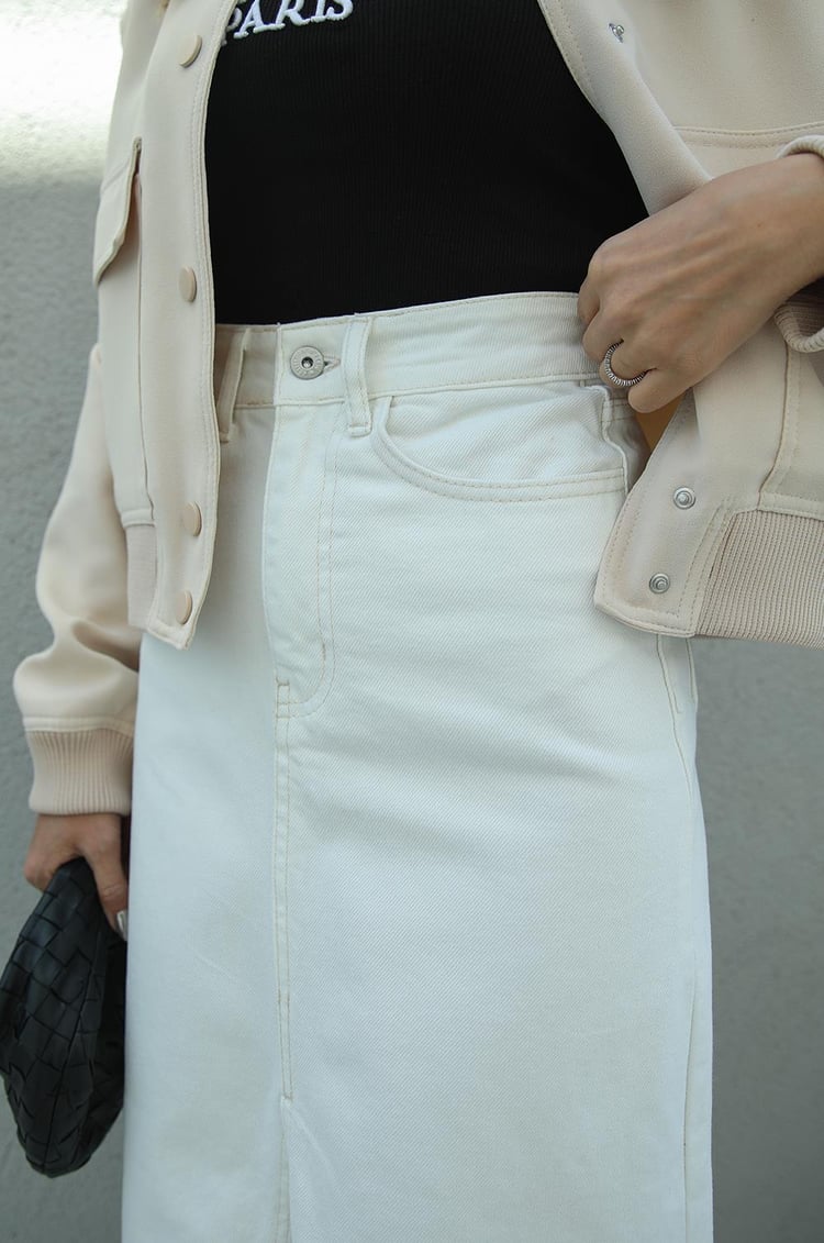 Ekru Önü Yırtmaçlı Kot Etek