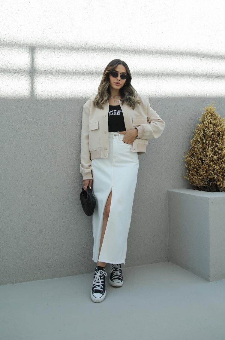 Ekru Önü Yırtmaçlı Kot Etek