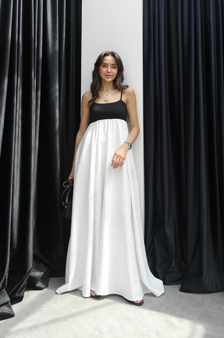 Ekru Patchwork Maxi Keten Elbise