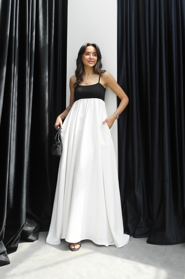 Ekru Patchwork Maxi Keten Elbise