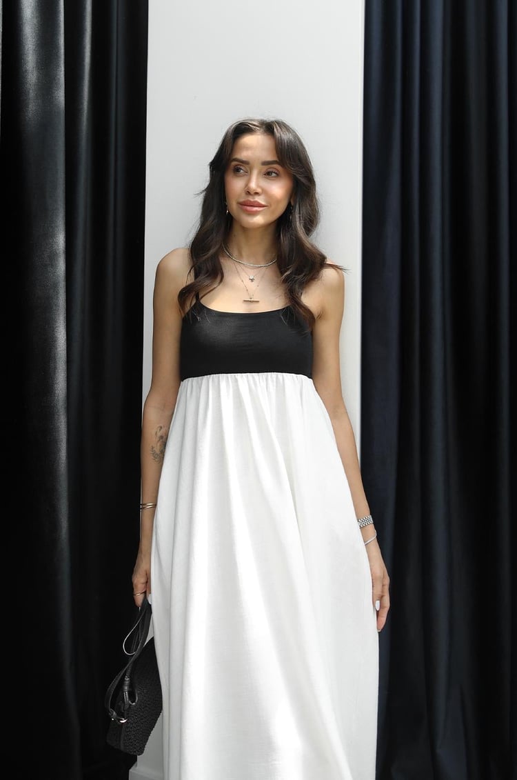 Ekru Patchwork Maxi Keten Elbise
