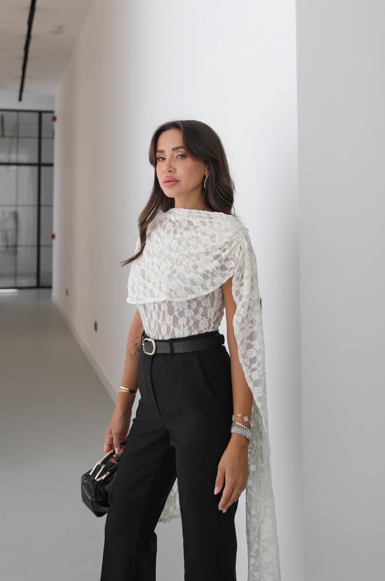Ekru Transparan Dantel Bodysuit